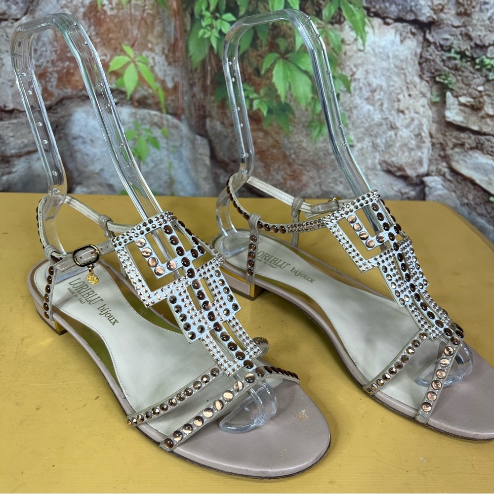 LORIBLU BIJOUX Luxury Tan and Gold Embellished Leather Italian Sandals, 39 - Picture 6 of 15